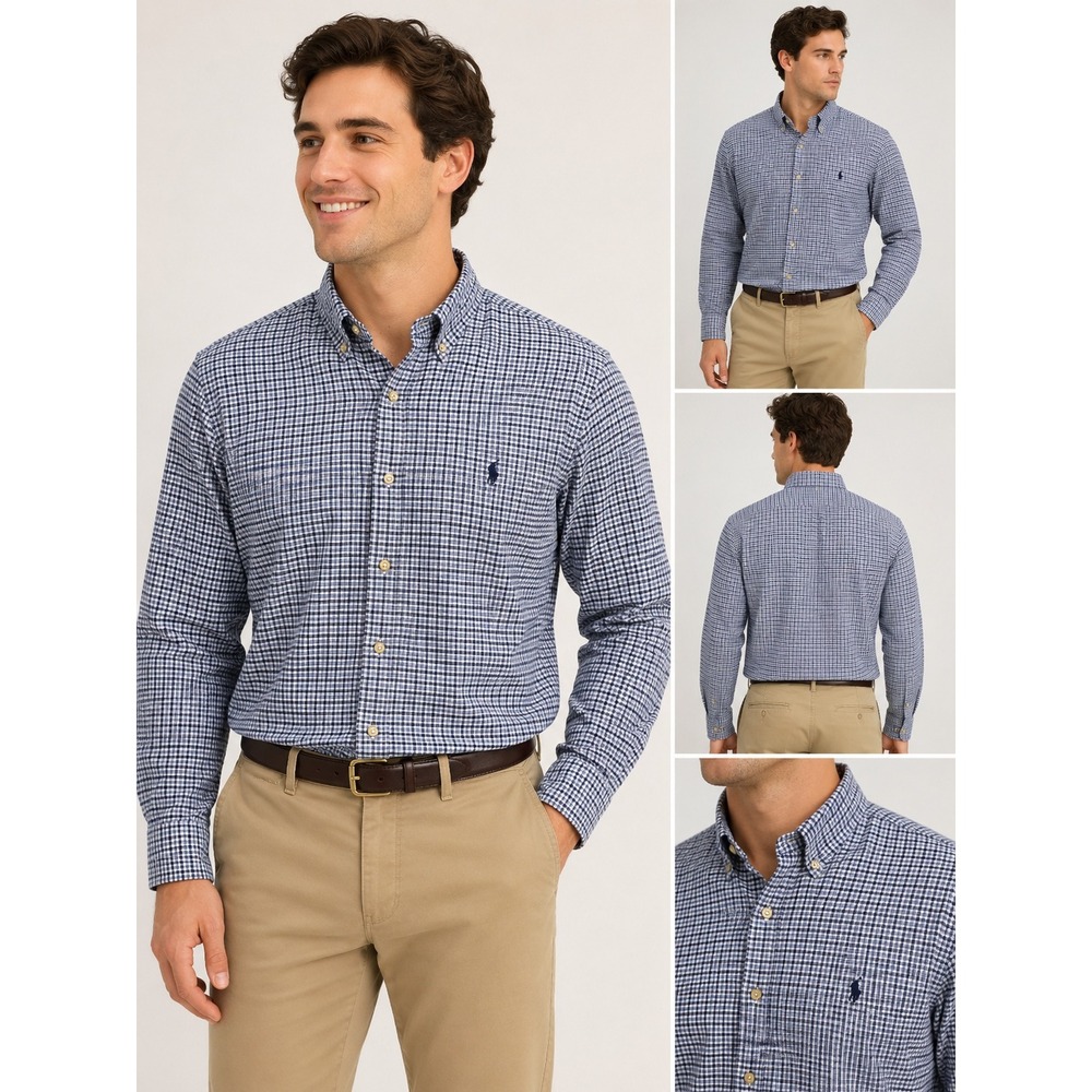 Ralph Lauren Mens Custom Fit Micro Check Button Down Shirt Navy White 16.5 34/35